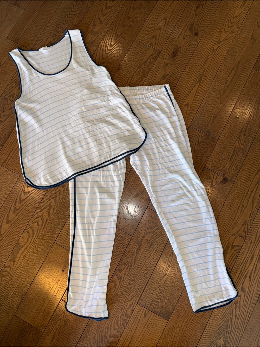 Striped White & Light Blue Women’s Pajama Set with Navy Trim